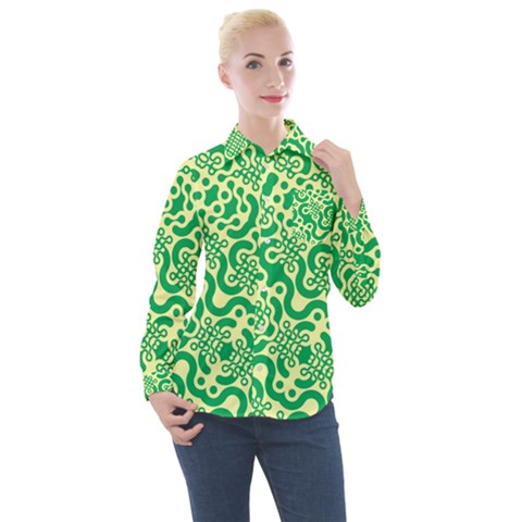 Liquid Art Pouring Abstract Seamless Pattern Lover Green Maze Women s Long Sleeve Pocket Shirt by artico