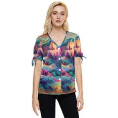 Colorful Mountains Bow Sleeve Button Up Top by Dazzleway