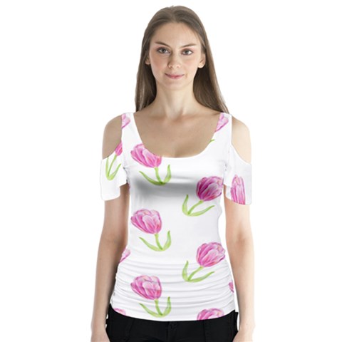 Tulips Watercolor Pattern Butterfly Sleeve Cutout Tee  by Littlebird