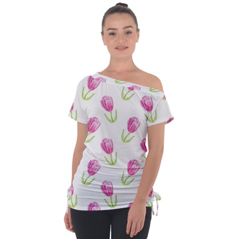 Tulips Watercolor Pattern Off Shoulder Tie-up Tee by Littlebird