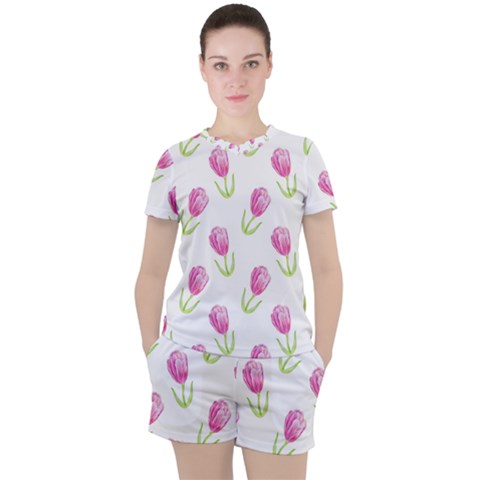 Tulips Watercolor Pattern Women s Tee And Shorts Set by Littlebird