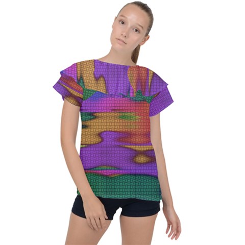 Puzzle Landscape In Beautiful Jigsaw Colors Ruffle Collar Chiffon Blouse by pepitasart
