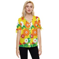 Flower Power Wallpaper Green Yellow Orange Red Bow Sleeve Button Up Top by EDDArt