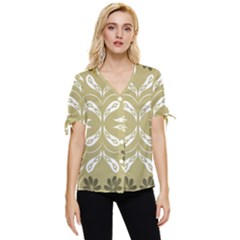 Folk Flowers Print Floral Pattern Ethnic Art Bow Sleeve Button Up Top by Eskimos