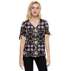 Folk Flowers Print Floral Pattern Ethnic Art Bow Sleeve Button Up Top by Eskimos