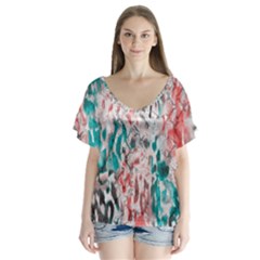 Colorful Spotted Reptilian Coral V-neck Flutter Sleeve Top by MickiRedd