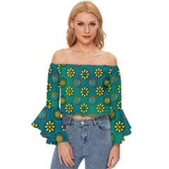 Yellow And Blue Proud Blooming Flowers Off Shoulder Flutter Bell Sleeve Top by pepitasart