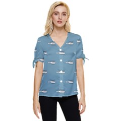 Cartoon Sketchy Helicopter Drawing Motif Pattern Bow Sleeve Button Up Top by dflcprintsclothing
