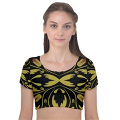 Folk Flowers Print Floral Pattern Ethnic Art Velvet Short Sleeve Crop Top  by Eskimos