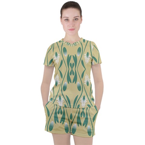 Folk Flowers Print Floral Pattern Ethnic Art Women s Tee And Shorts Set by Eskimos