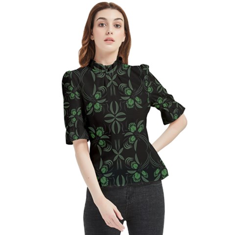 Folk Flowers Floral Art Print Flowers Abstract Art  Frill Neck Blouse by Eskimos