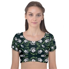 Folk Flowers Print Floral Pattern Ethnic Art Velvet Short Sleeve Crop Top  by Eskimos