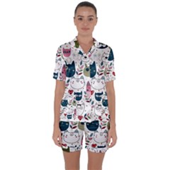 Pattern With Cute Cat Heads Satin Short Sleeve Pajamas Set by Jancukart