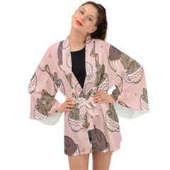 Seamless Pattern Adorable Cat Inside Cup Long Sleeve Kimono by Jancukart