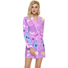 Seamless Pattern With Cute Kawaii Kittens Long Sleeve Satin Robe by Jancukart