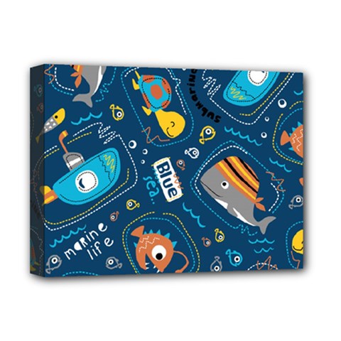 Seamless-pattern-vector-submarine-with-sea-animals-cartoon Deluxe Canvas 16  X 12  (stretched)  by Jancukart