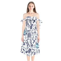 Hand-drawn-back-school-pattern Shoulder Tie Bardot Midi Dress by Jancukart
