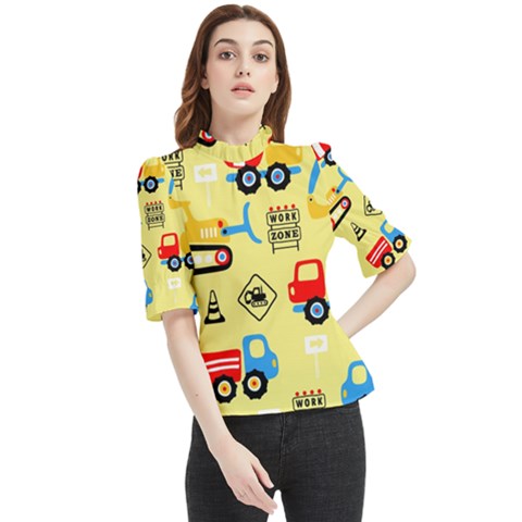 Seamless-pattern-vector-industrial-vehicle-cartoon Frill Neck Blouse by Jancukart
