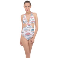 Hand-drawn-seamless-pattern-with-cute-fishes-doodle-style-pink-blue-colors Halter Front Plunge Swimsuit by Jancukart