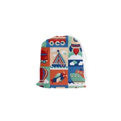 Toy-transport-cartoon-seamless-pattern-with-airplane-aerostat-sail-yacht-vector-illustration Drawstring Pouch (xs) by Jancukart