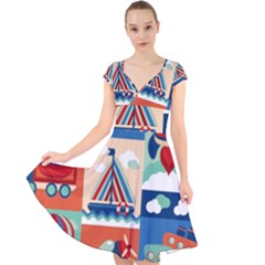 Toy-transport-cartoon-seamless-pattern-with-airplane-aerostat-sail-yacht-vector-illustration Cap Sleeve Front Wrap Midi Dress by Jancukart