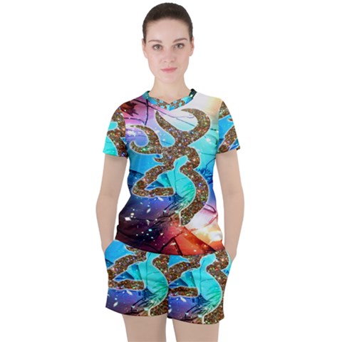 Browning Deer Glitter Galaxy Women s Tee And Shorts Set by artworkshop