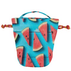 Watermelon Blue Background Drawstring Bucket Bag by artworkshop