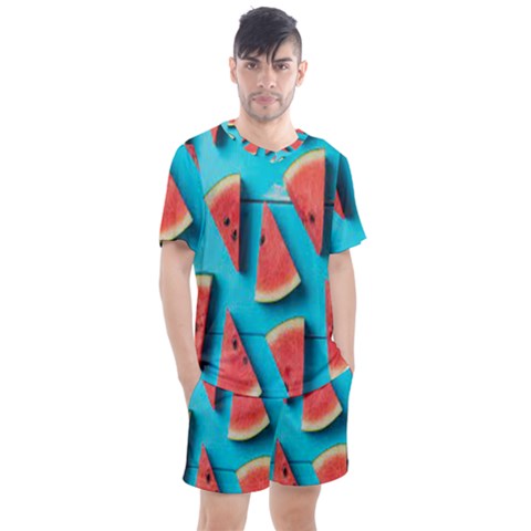Watermelon Blue Background Men s Mesh Tee And Shorts Set by artworkshop
