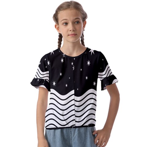 Black And White Waves And Stars Abstract Backdrop Clipart Kids  Cuff Sleeve Scrunch Bottom Tee by Amaryn4rt