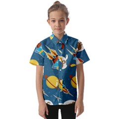 Seamless-pattern-vector-with-spacecraft-funny-animals-astronaut Kids  Short Sleeve Shirt by Jancukart