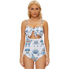 Seamless Pattern With Funny Robot Cartoon Knot Front One-piece Swimsuit by Jancukart