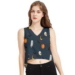 Halloween Ghost Pumpkin Bat Skull V-neck Cropped Tank Top by artworkshop