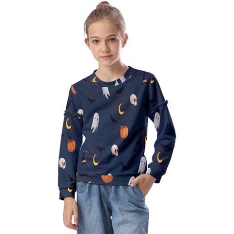 Halloween Ghost Pumpkin Bat Skull Kids  Long Sleeve Tee With Frill  by artworkshop