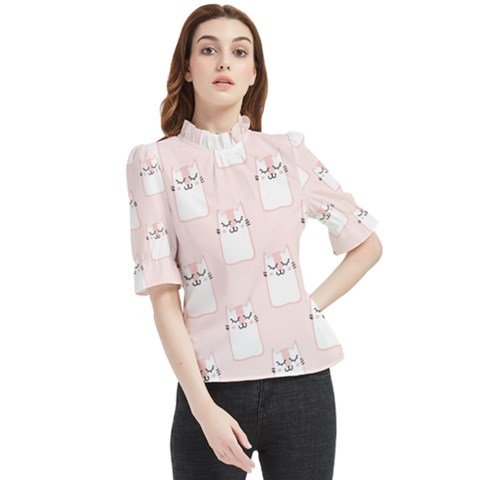 Fluffy Cat Pets Frill Neck Blouse by artworkshop