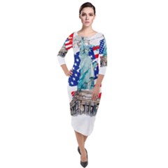 Statue Of Liberty Independence Day Poster Art Quarter Sleeve Midi Velour Bodycon Dress by Jancukart