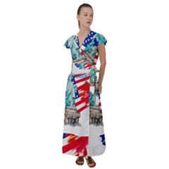 Statue Of Liberty Independence Day Poster Art Flutter Sleeve Maxi Dress by Jancukart