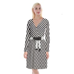 Large Black And White Watercolored Checkerboard Chess Long Sleeve Velvet Front Wrap Dress by PodArtist