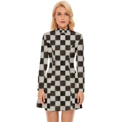 Large Black And White Watercolored Checkerboard Chess Long Sleeve Velour Longline Dress by PodArtist