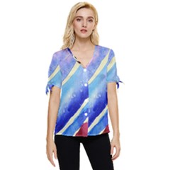 Painting-abstract-blue-pink-spots Bow Sleeve Button Up Top by Jancukart