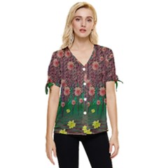 Floral Vines Over Lotus Pond In Meditative Tropical Style Bow Sleeve Button Up Top by pepitasart