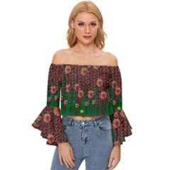 Floral Vines Over Lotus Pond In Meditative Tropical Style Off Shoulder Flutter Bell Sleeve Top by pepitasart