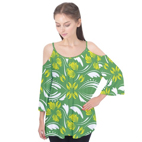 Folk Flowers Print Floral Pattern Ethnic Art Flutter Sleeve Tee  by Eskimos