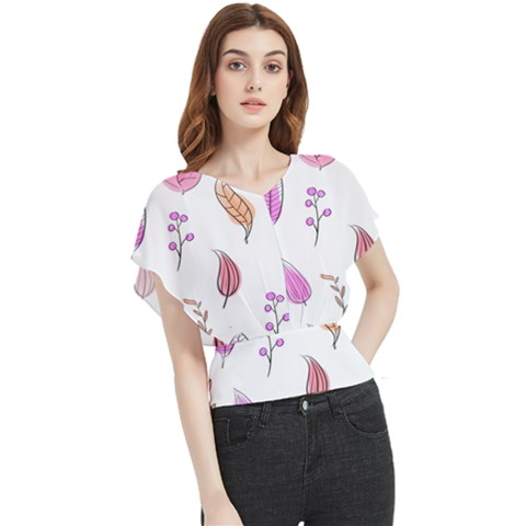Leaves-pink Butterfly Chiffon Blouse by nateshop