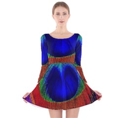 Peacock Plumage Fearher Bird Pattern Long Sleeve Velvet Skater Dress by Sapixe