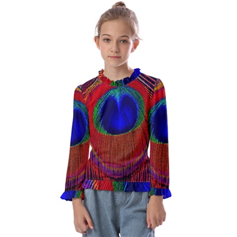 Peacock Plumage Fearher Bird Pattern Kids  Frill Detail Tee by Sapixe