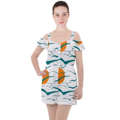 Sunset Glow Sun Bird Ruffle Cut Out Chiffon Playsuit by Sapixe