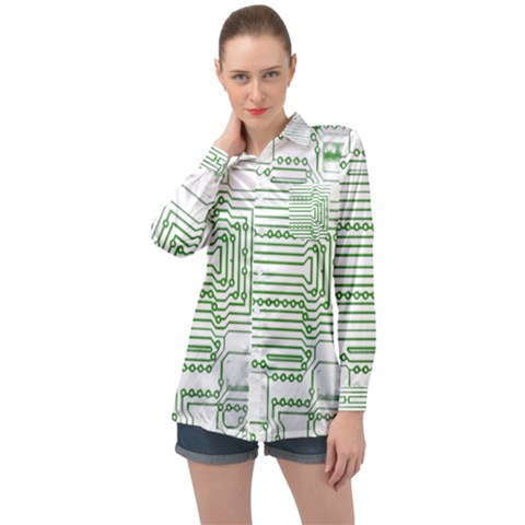 Circuit Board Long Sleeve Satin Shirt by Sapixe