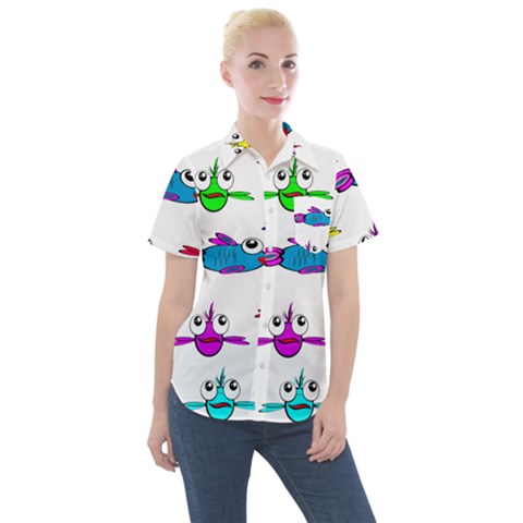 Fish Swim Cartoon Funnycute Women s Short Sleeve Pocket Shirt by Sapixe