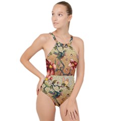 Flower Cubism Mosaic Vintage High Neck One Piece Swimsuit by Jancukart