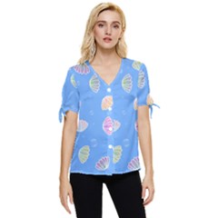 Seashell Clam Pattern Art Design Bow Sleeve Button Up Top by Amaryn4rt